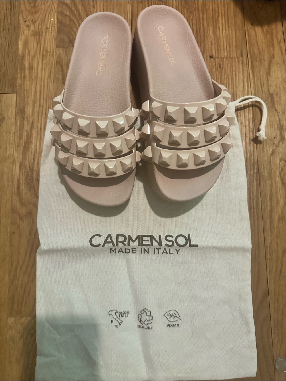 Carmen Sol Studded Triple-Strap Slide Sandals